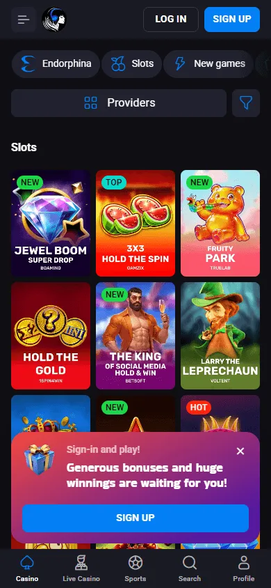 Luckyvibe Casino games area on a mobile device