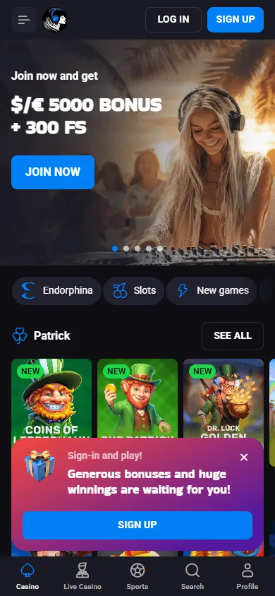 Luckyvibe Casino home screen on a mobile device