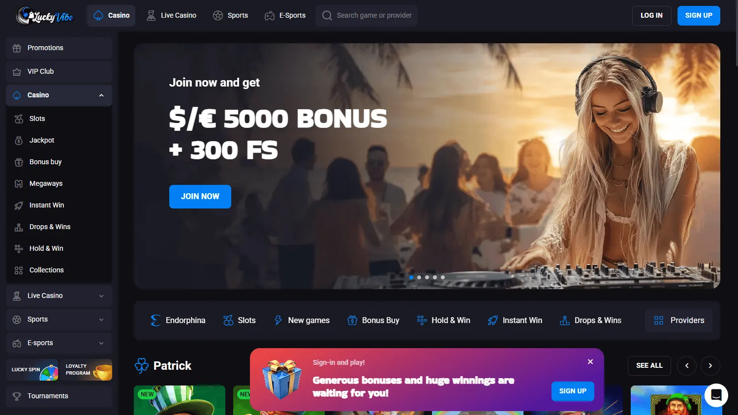 Luckyvibe Casino home screen on desktop
