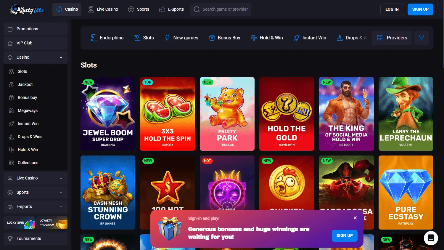 Luckyvibe Casino games area on desktop