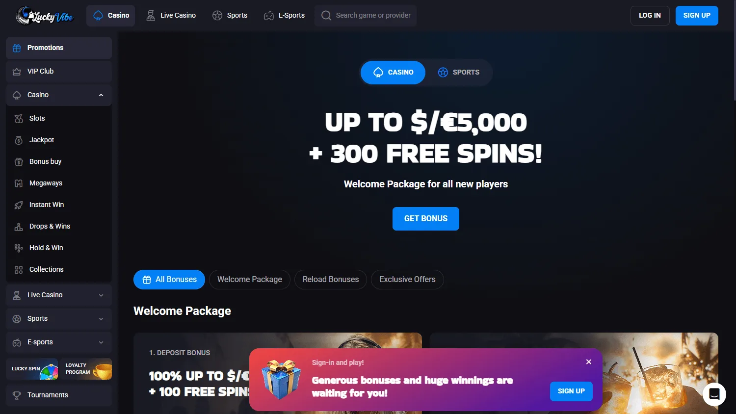 Luckyvibe Casino promotions area on desktop